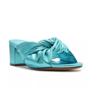 Schutz Mindy Mid Block Metallic Leather Sandal Heel  Sz 5.5 Turquoise New!